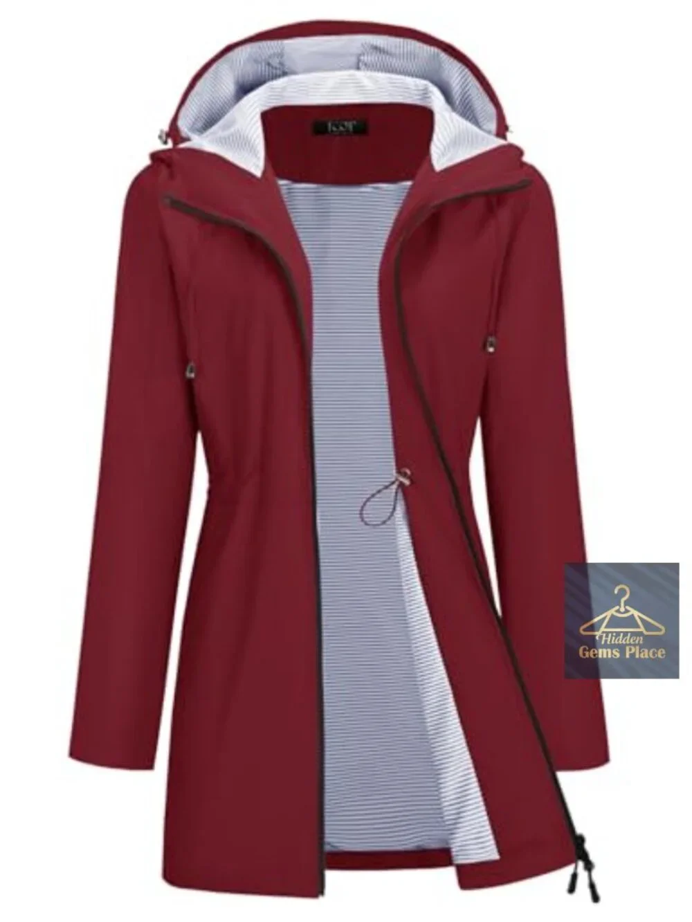 Waterproof Hooded Long Trench Raincoat with Striped Lining